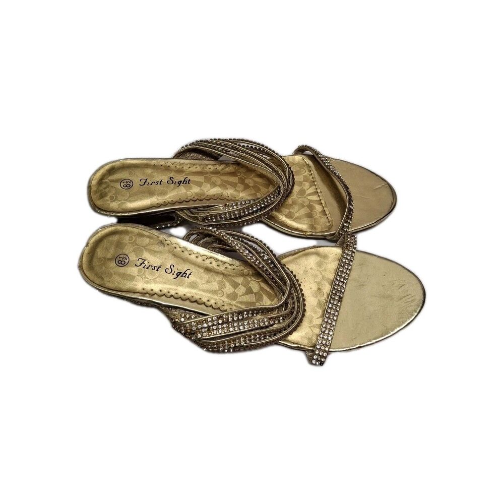 First Sight Gold Rhinestones Slip On Sandals Size 8.5